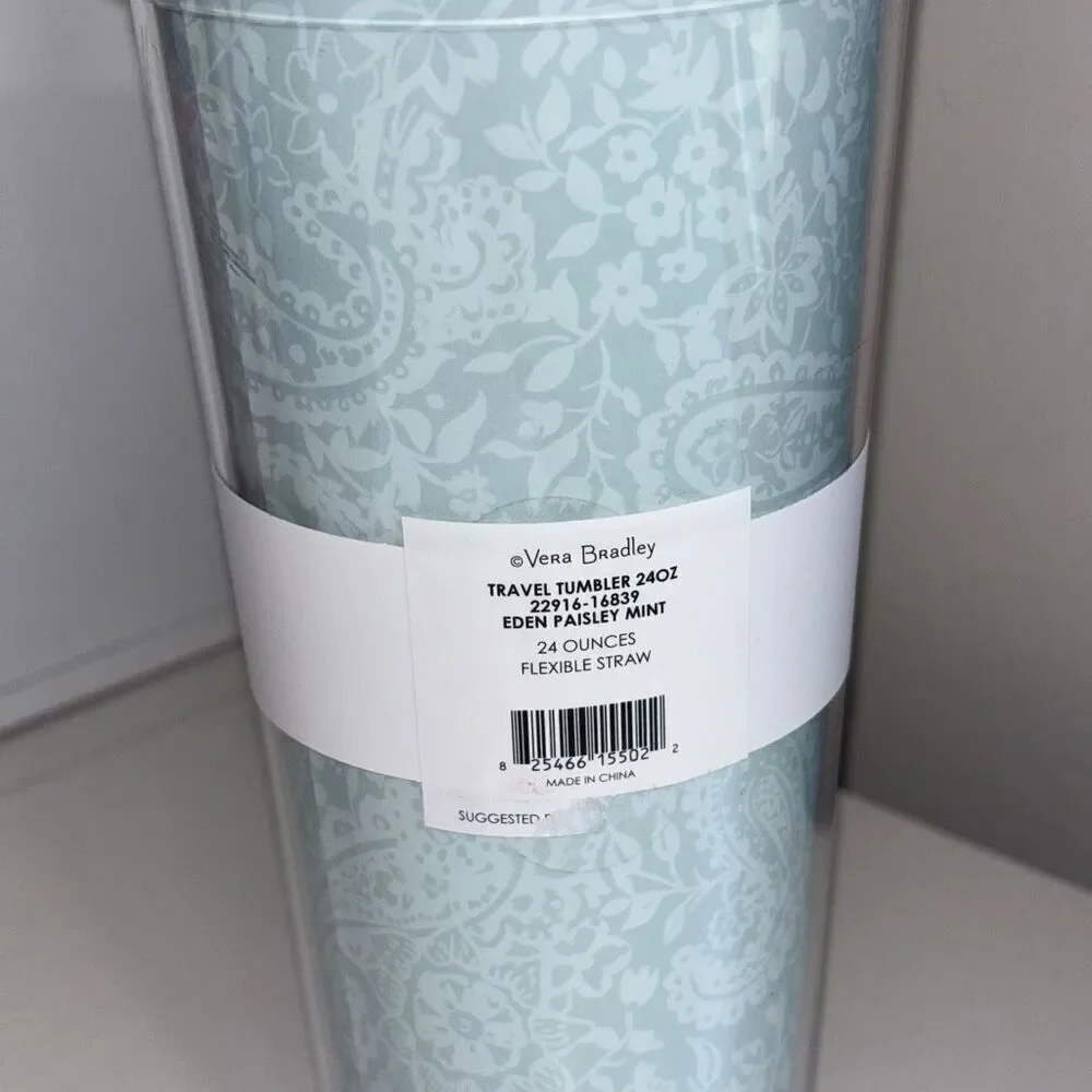 Vera Bradley Eden paisley mint travel tumbler 24oz flexible straw new